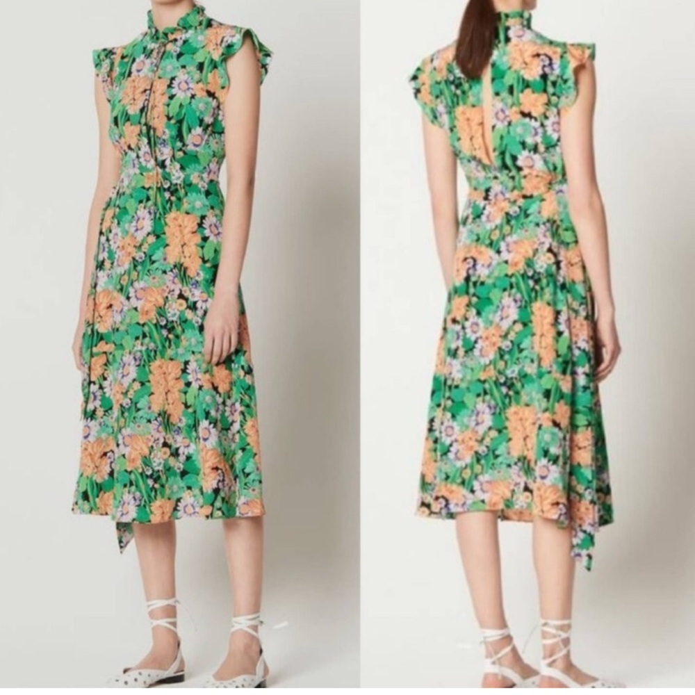 Sandro Maline Floral Print Silk Dress Verdant
Garden Green Midi Ruffle Sleeve M